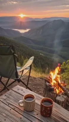 Two mugs on a wooden table beside a campfire, sun setting over hills