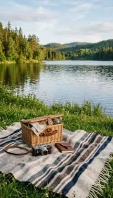A picnic basket and blanket on the grass beside a still lake