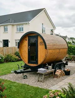 A group of friends with a mobile sauna out side their house