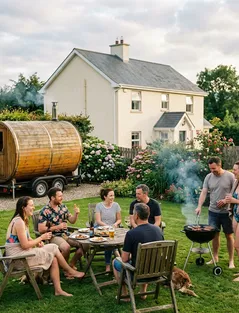 A group of friends having a barbecue beside their mobile sauna